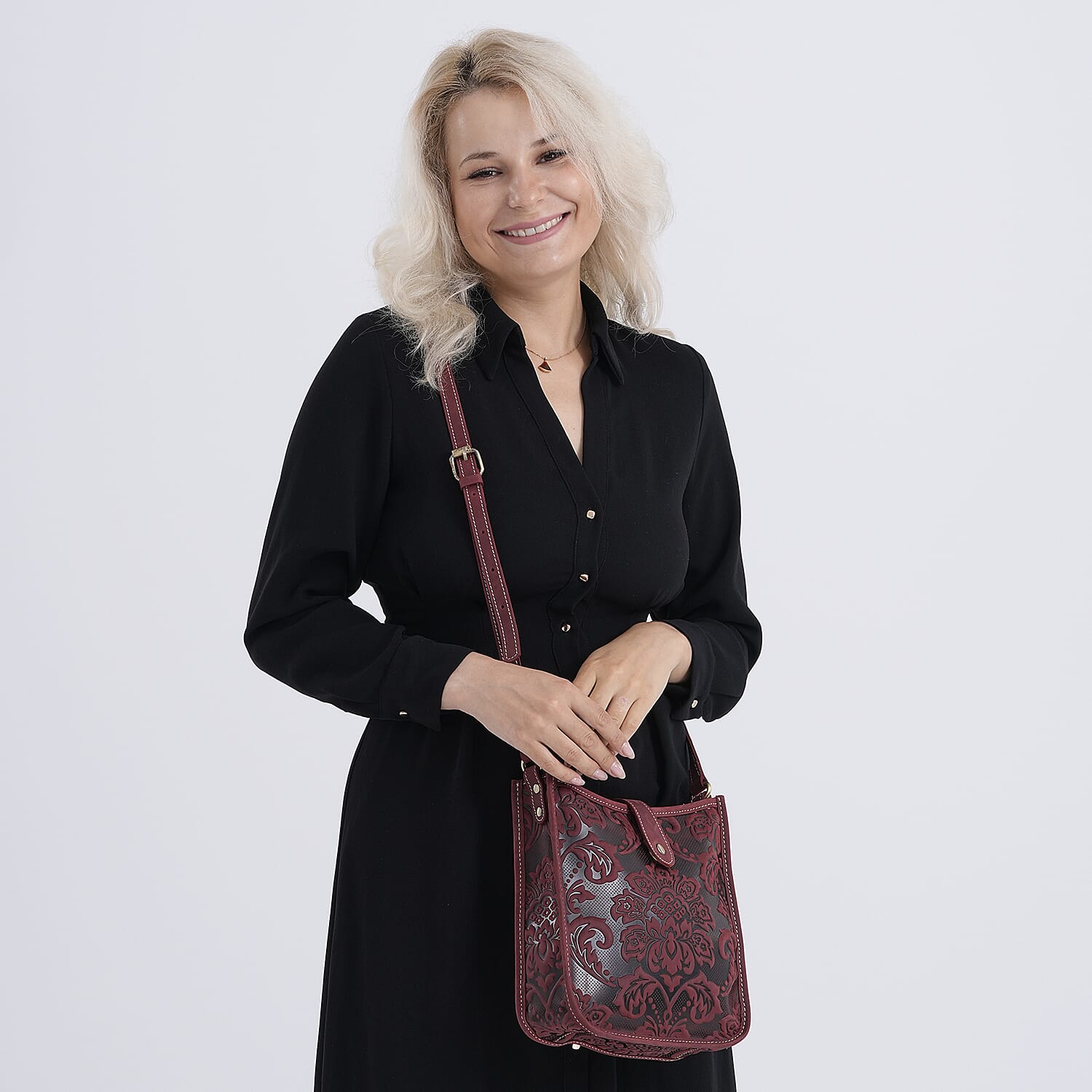 Genuine Leather Crossbody Bag with Embossed Floral Brocade - Red