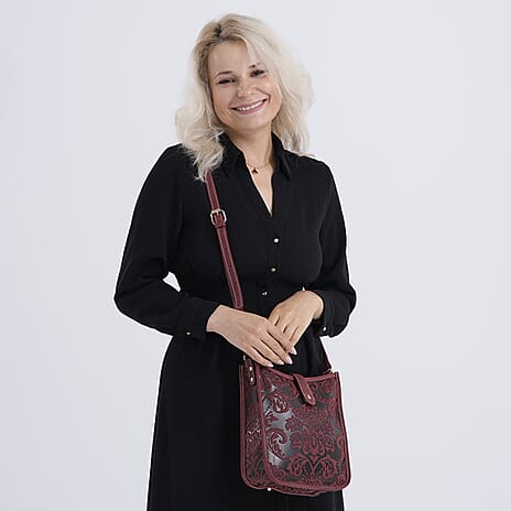 Genuine Leather Crossbody Bag with Embossed Floral Brocade - Red