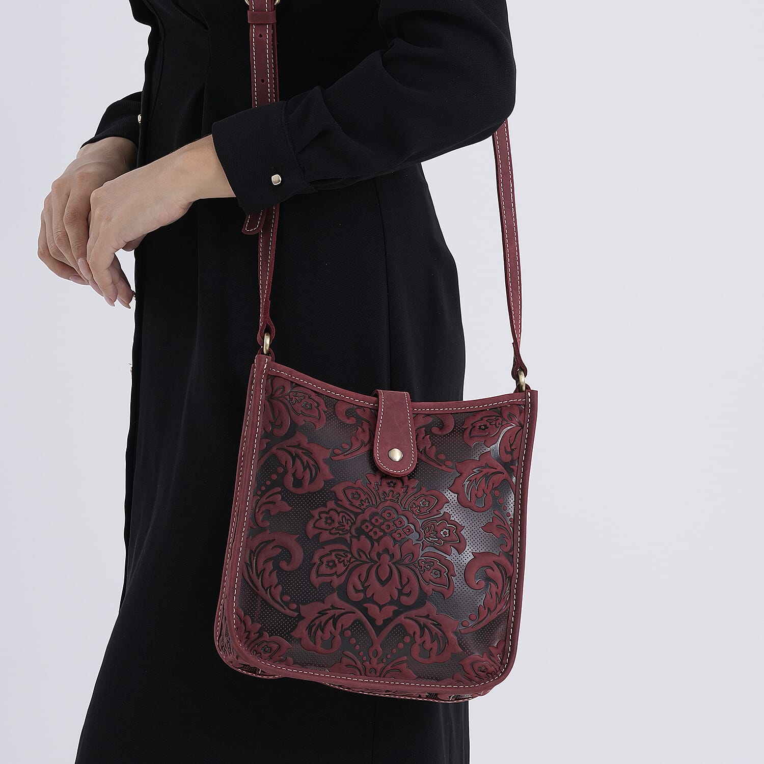 Genuine Leather Crossbody Bag with Embossed Floral Brocade - Red