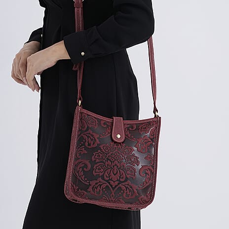 Genuine Leather Crossbody Bag with Embossed Floral Brocade - Red