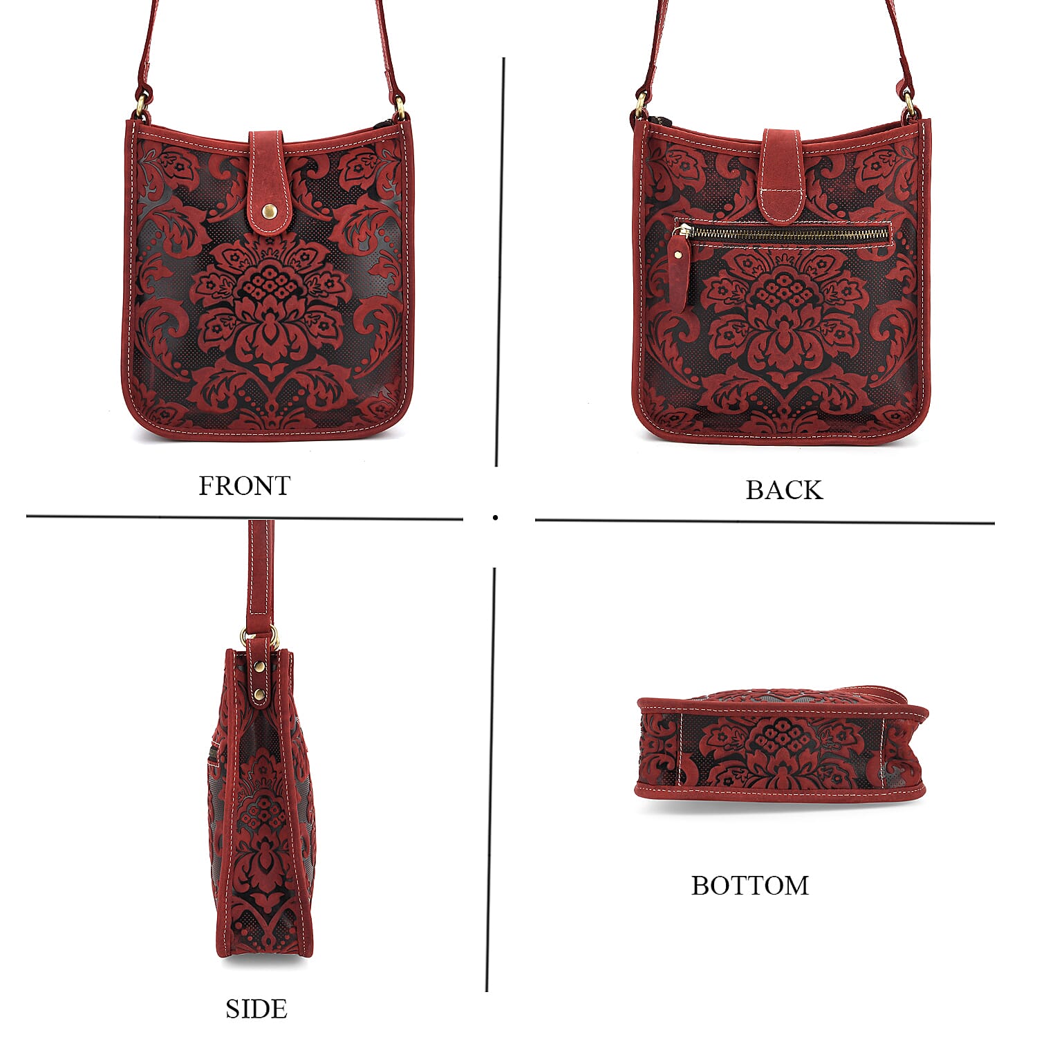 Genuine Leather Crossbody Bag with Embossed Floral Brocade - Red