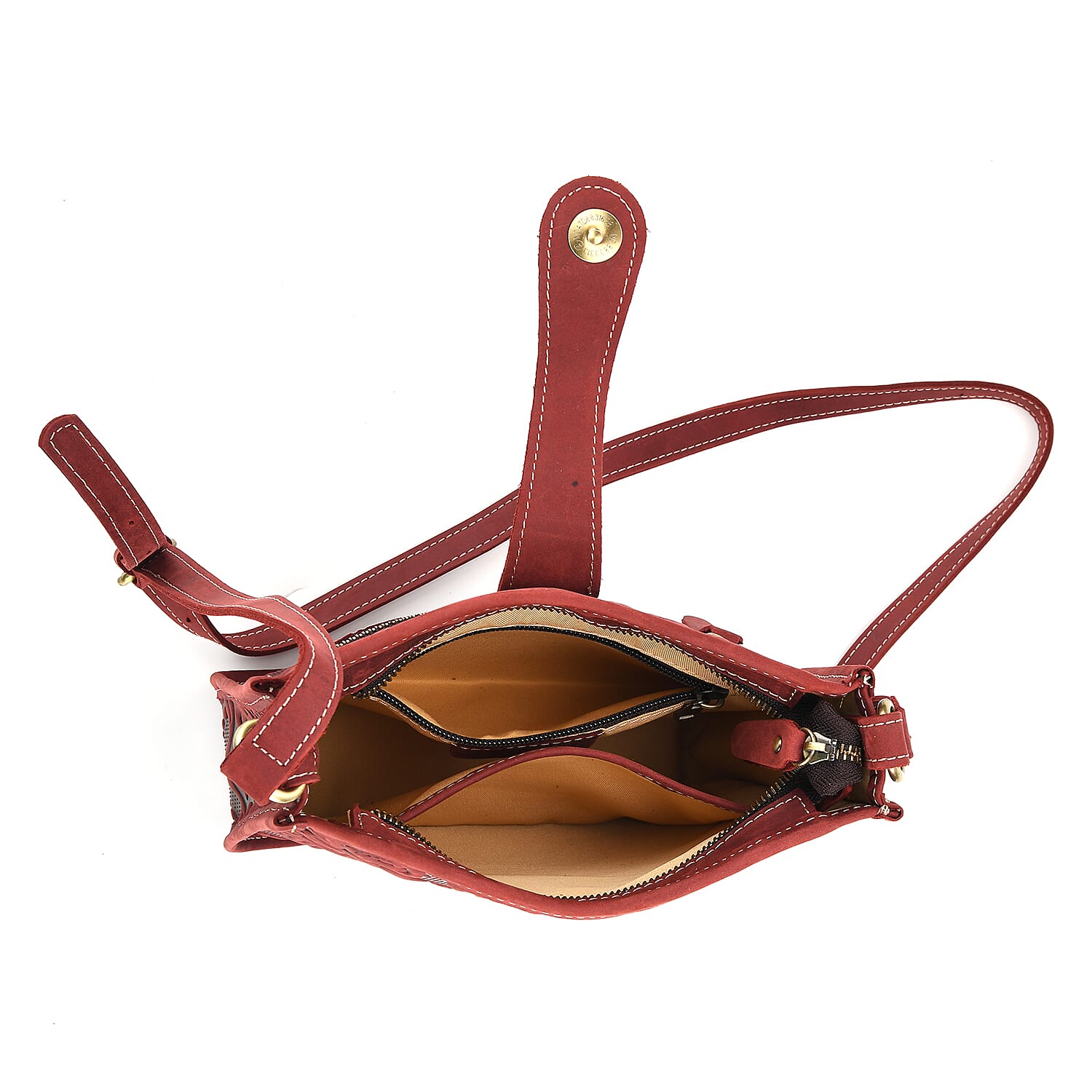 Genuine Leather Crossbody Bag with Embossed Floral Brocade - Red