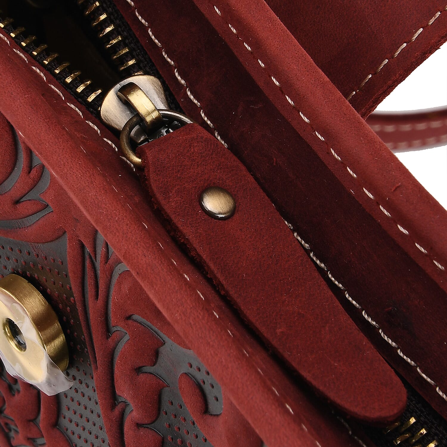 Genuine Leather Crossbody Bag with Embossed Floral Brocade - Red