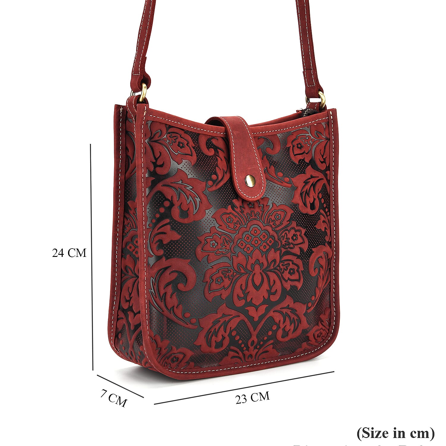 Genuine Leather Crossbody Bag with Embossed Floral Brocade - Red