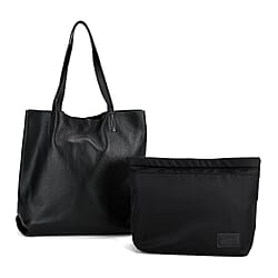 2-in-1 Genuine Leather Tote Bag - Pouch - Black