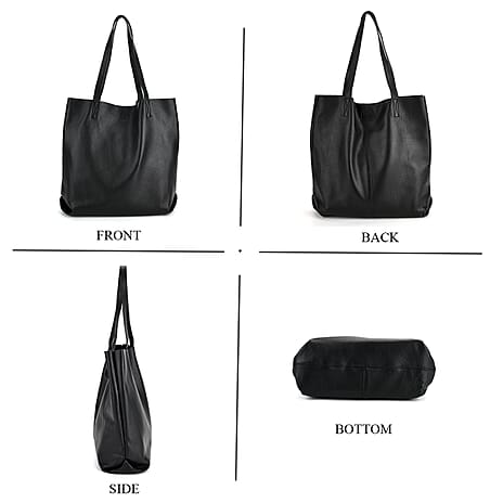 2-in-1 Genuine Leather Tote Bag - Pouch - Black