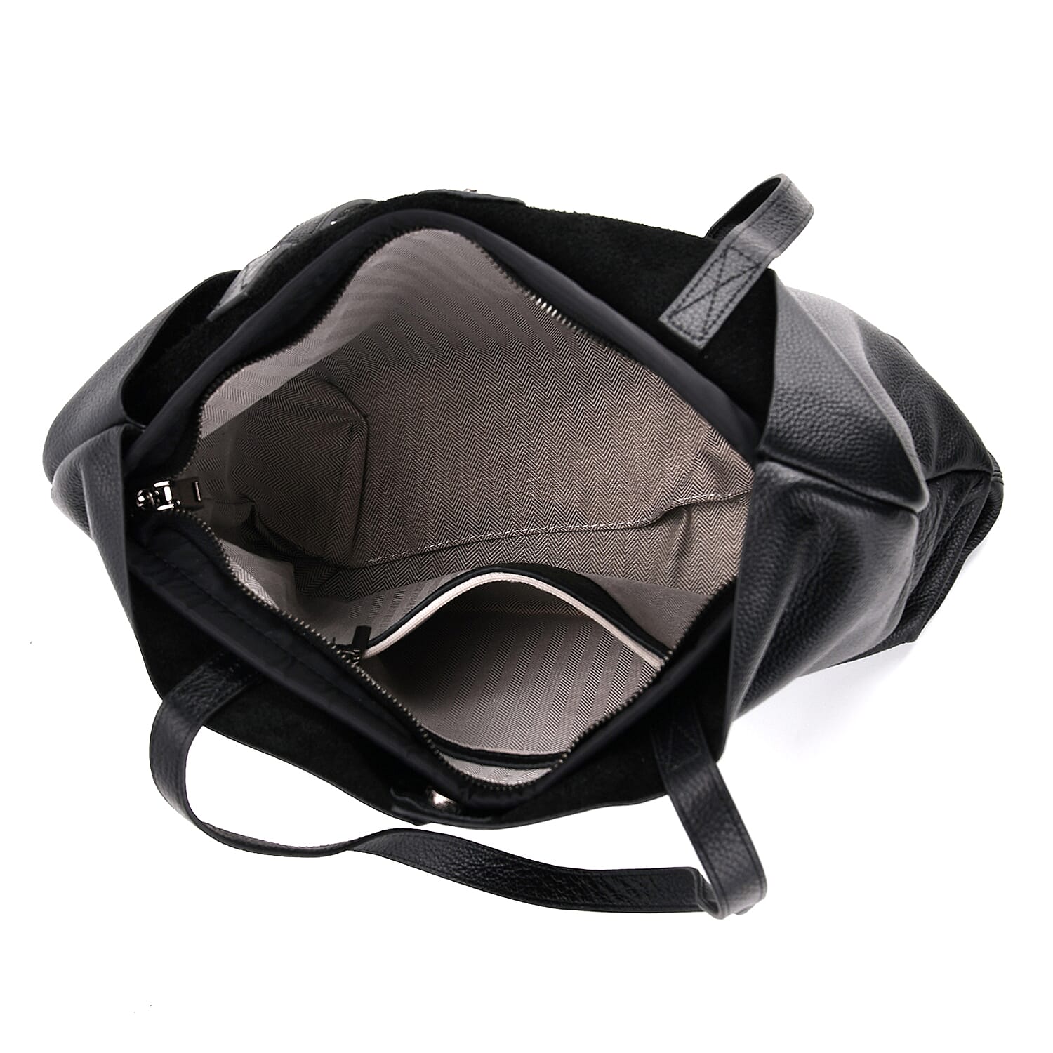 2-in-1 Genuine Leather Tote Bag - Pouch - Black