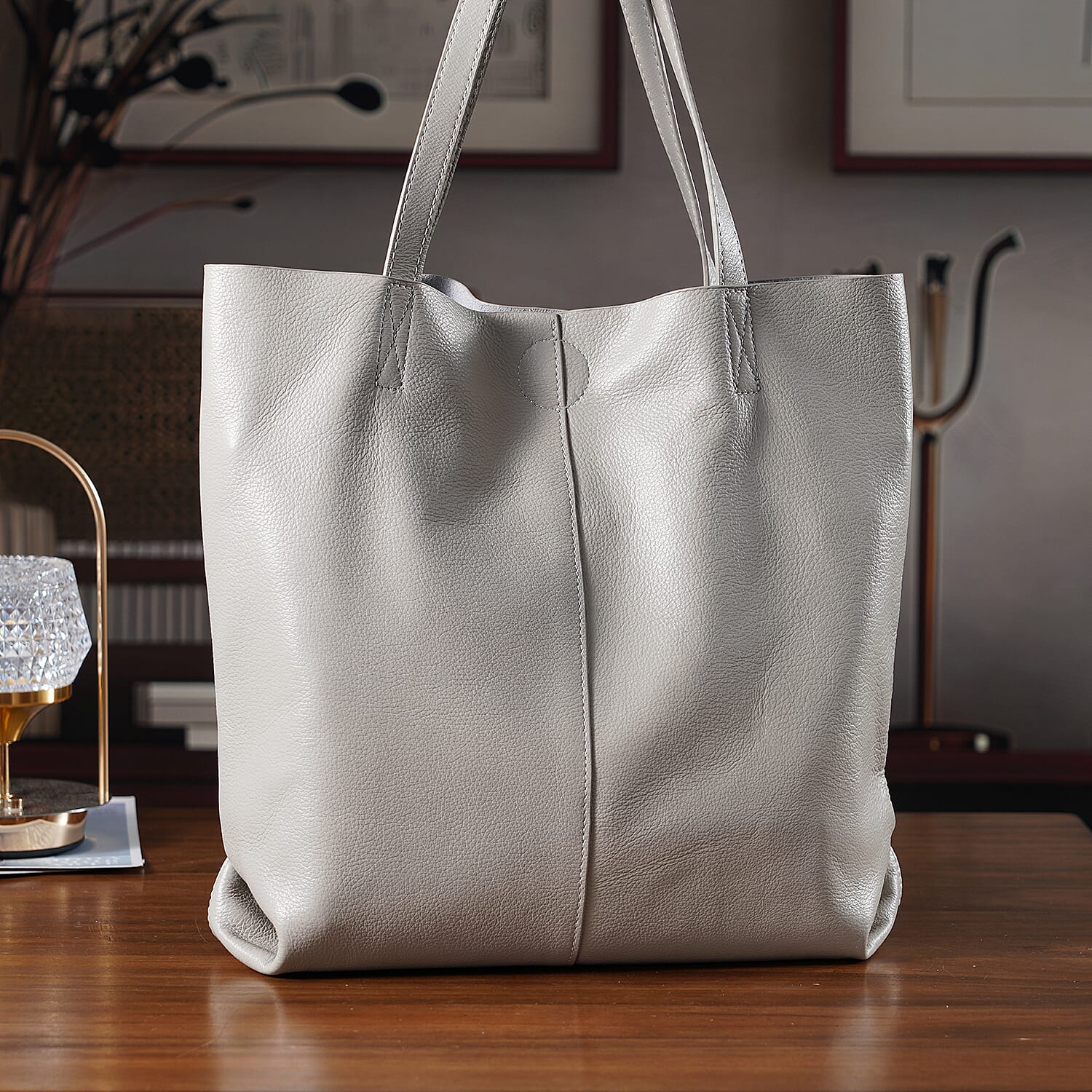 2-in-1 Genuine Leather Tote Bag - Pouch - White