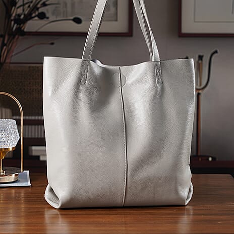 2-in-1 Genuine Leather Tote Bag - Pouch - White