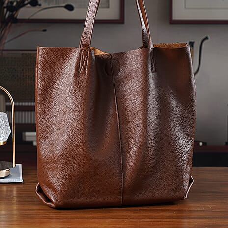 2-in-1 Genuine Leather Tote Bag - Pouch - Brown