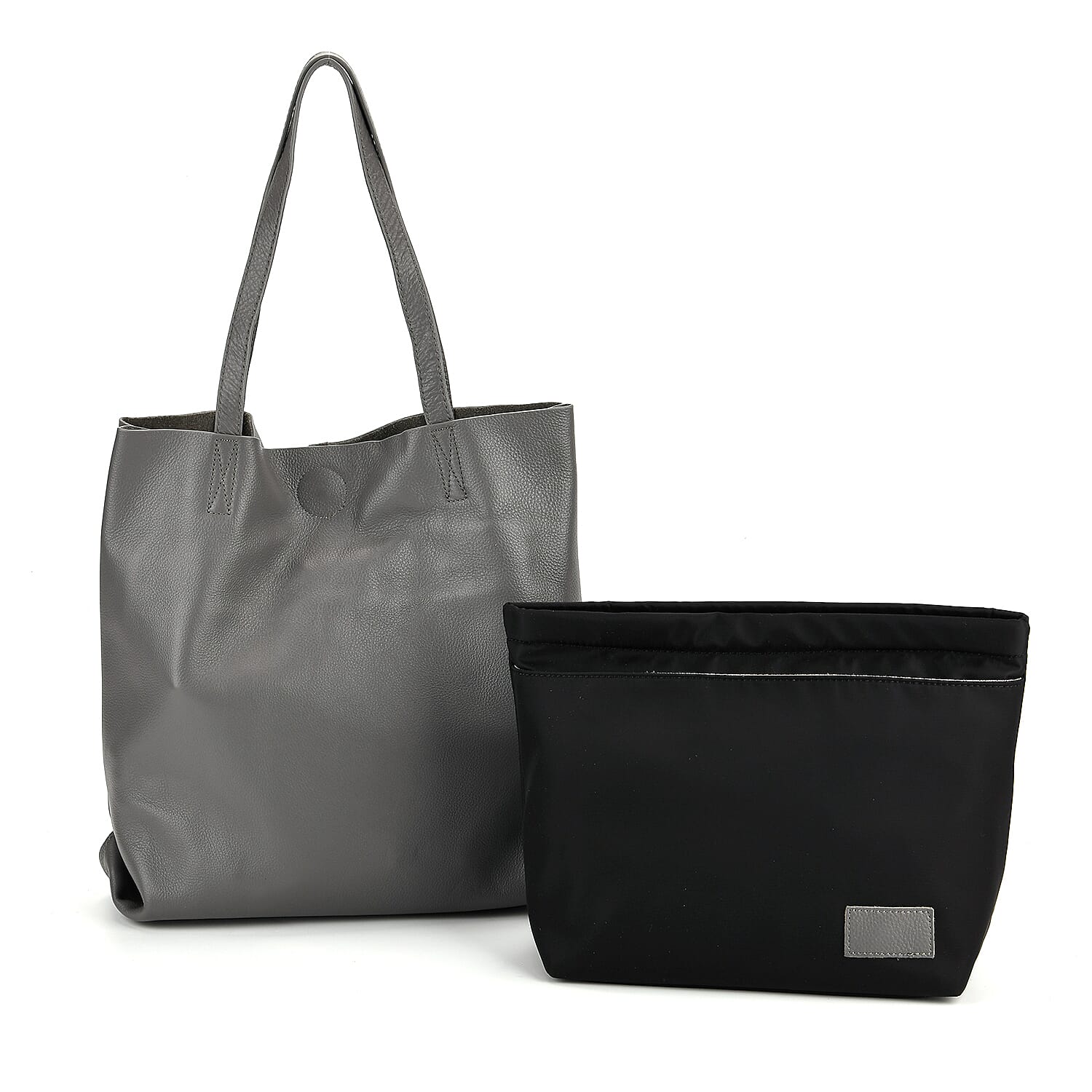 2-in-1 Genuine Leather Tote Bag - Pouch - Light Grey