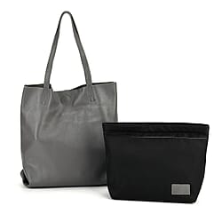 2-in-1 Genuine Leather Tote Bag - Pouch - Black
