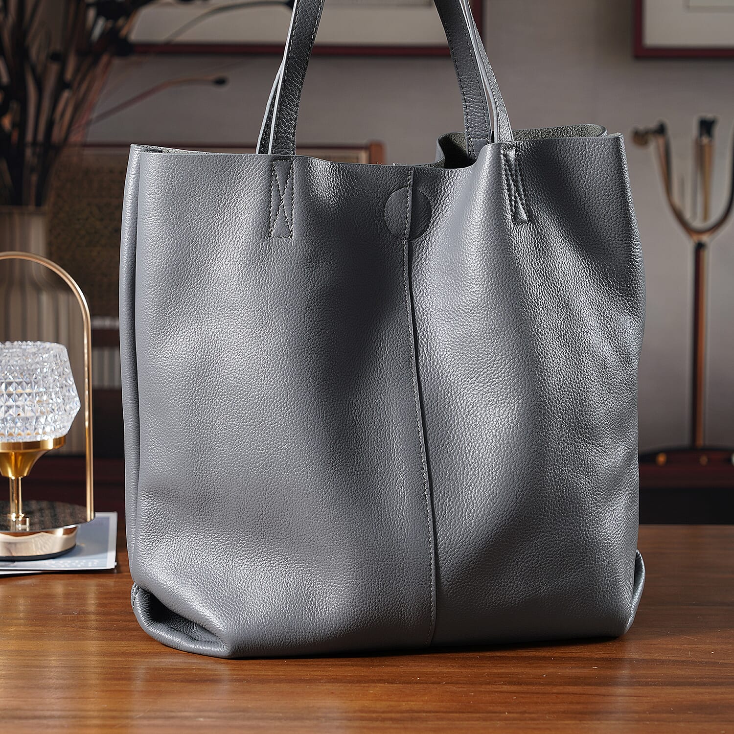 2-in-1 Genuine Leather Tote Bag - Pouch - Light Grey