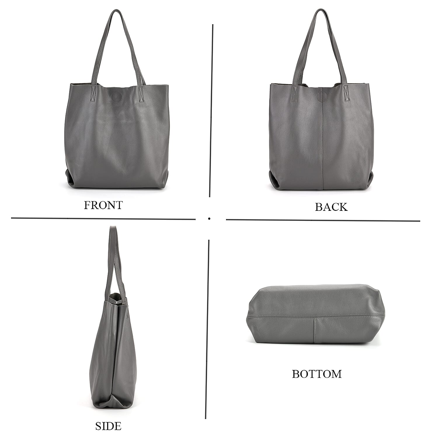 2-in-1 Genuine Leather Tote Bag - Pouch - Light Grey