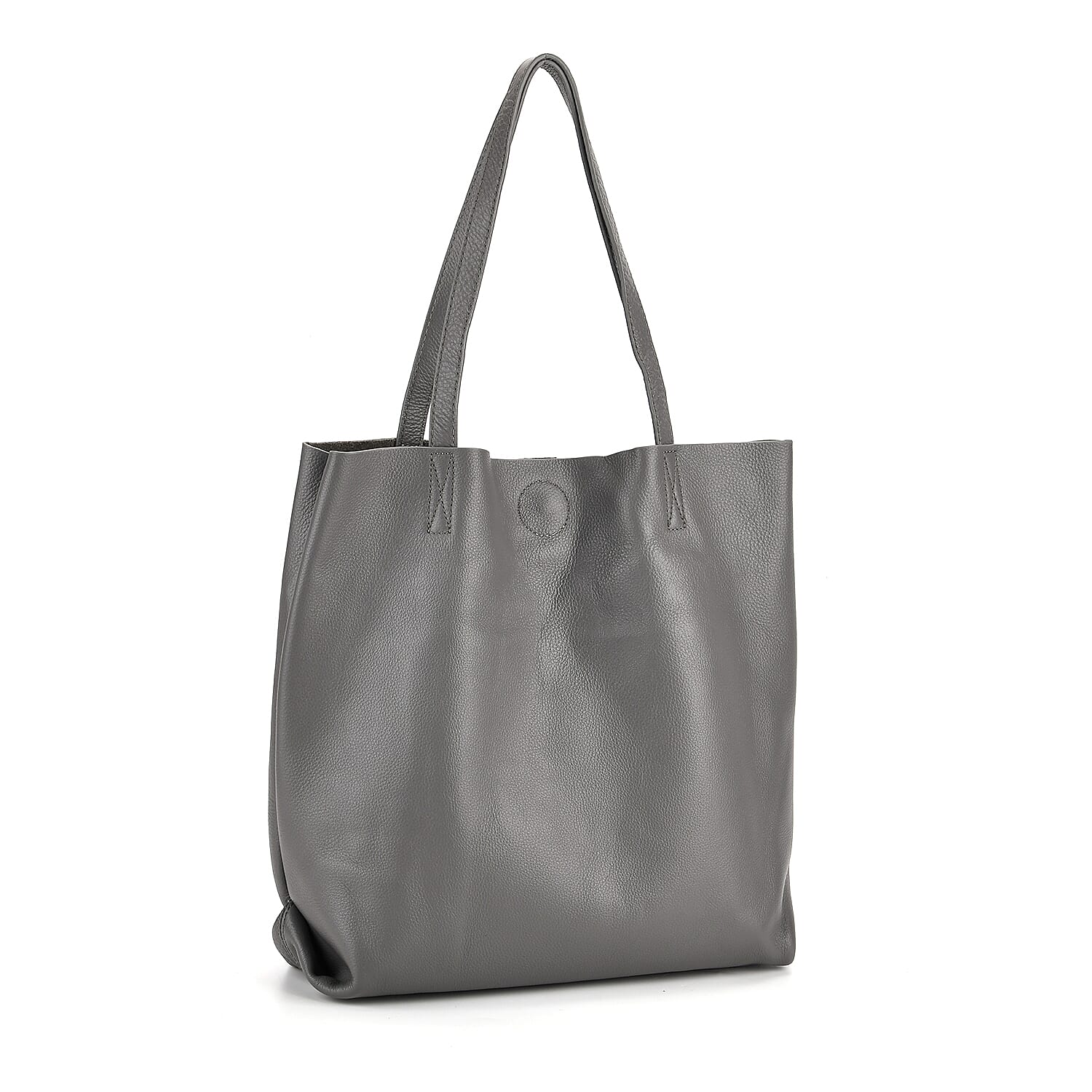 2-in-1 Genuine Leather Tote Bag - Pouch - Light Grey