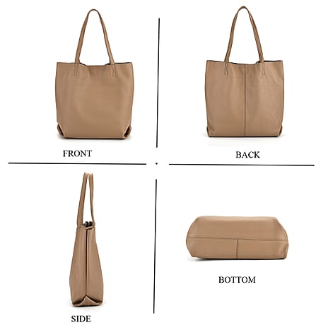 2-in-1 Genuine Leather Tote Bag - Pouch - Light Brown