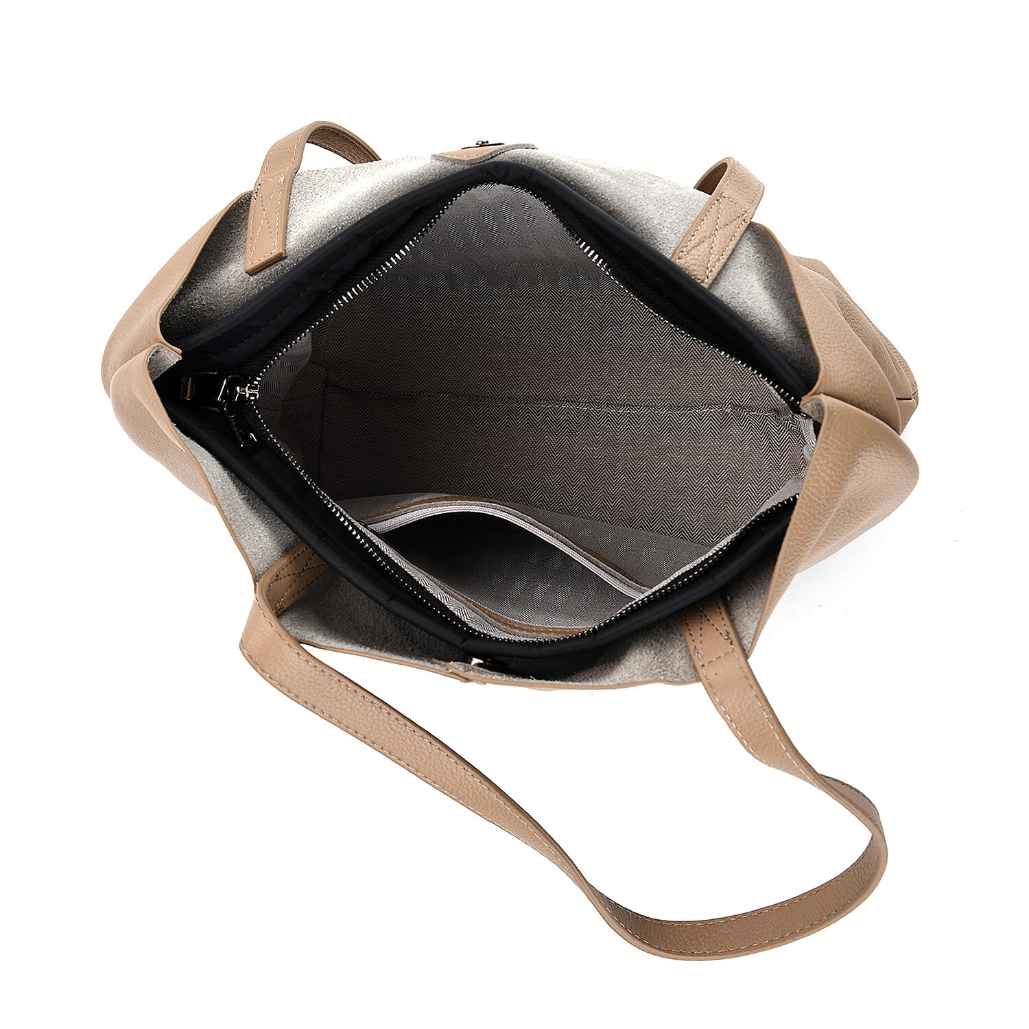 2-in-1 Genuine Leather Tote Bag - Pouch - Light Brown