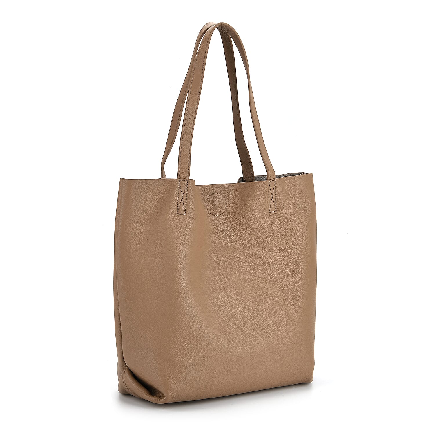 2-in-1 Genuine Leather Tote Bag - Pouch - Light Brown