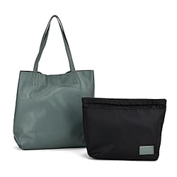 2-in-1 Genuine Leather Tote Bag - Pouch - Black