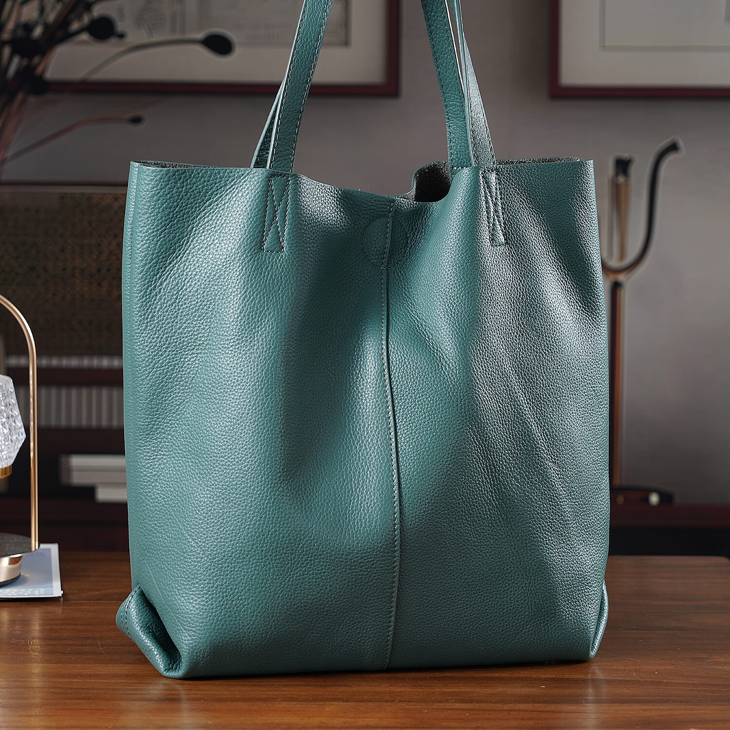 2-in-1 Genuine Leather Tote Bag - Pouch - Blue