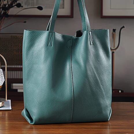 2-in-1 Genuine Leather Tote Bag - Pouch - Blue