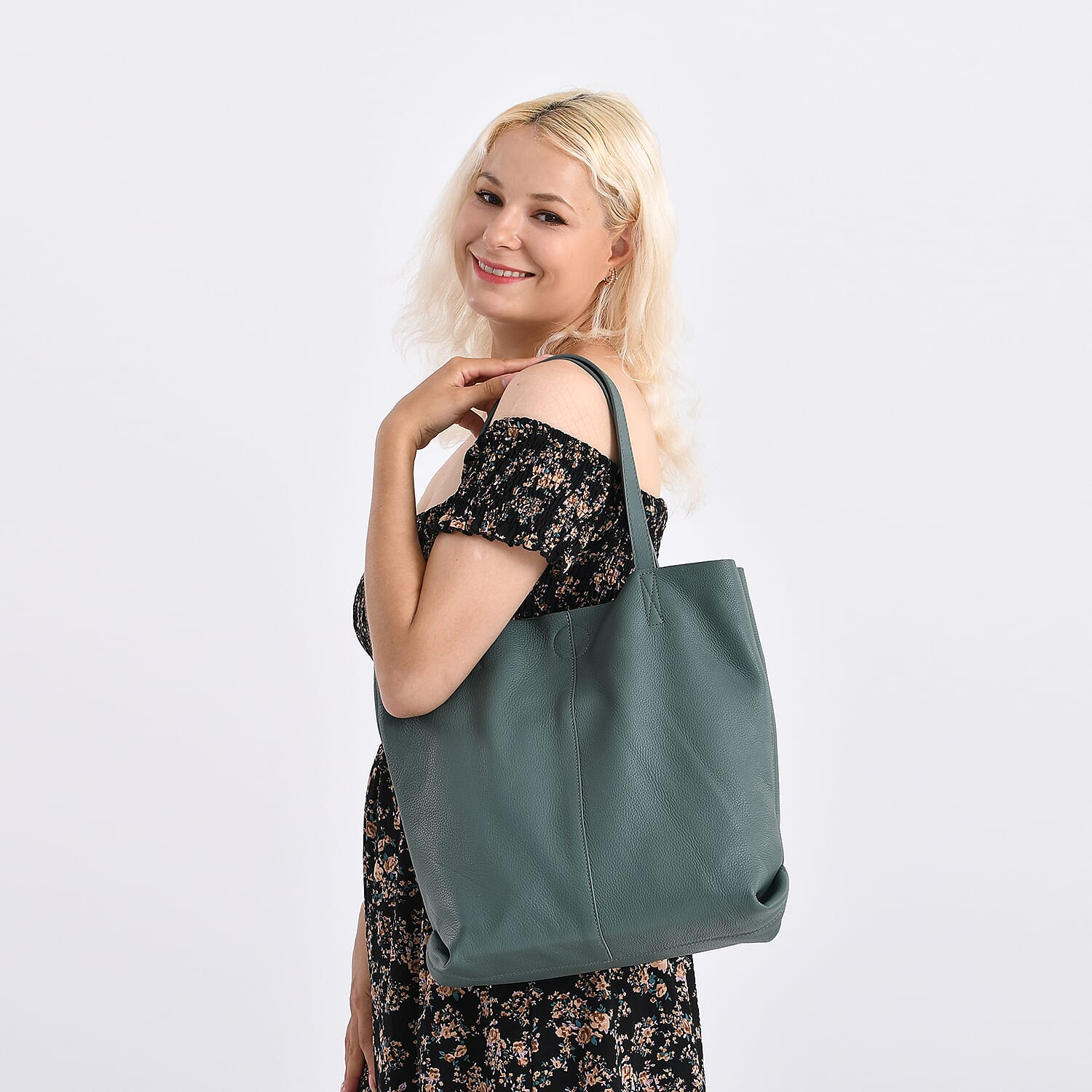 2-in-1 Genuine Leather Tote Bag - Pouch - Blue