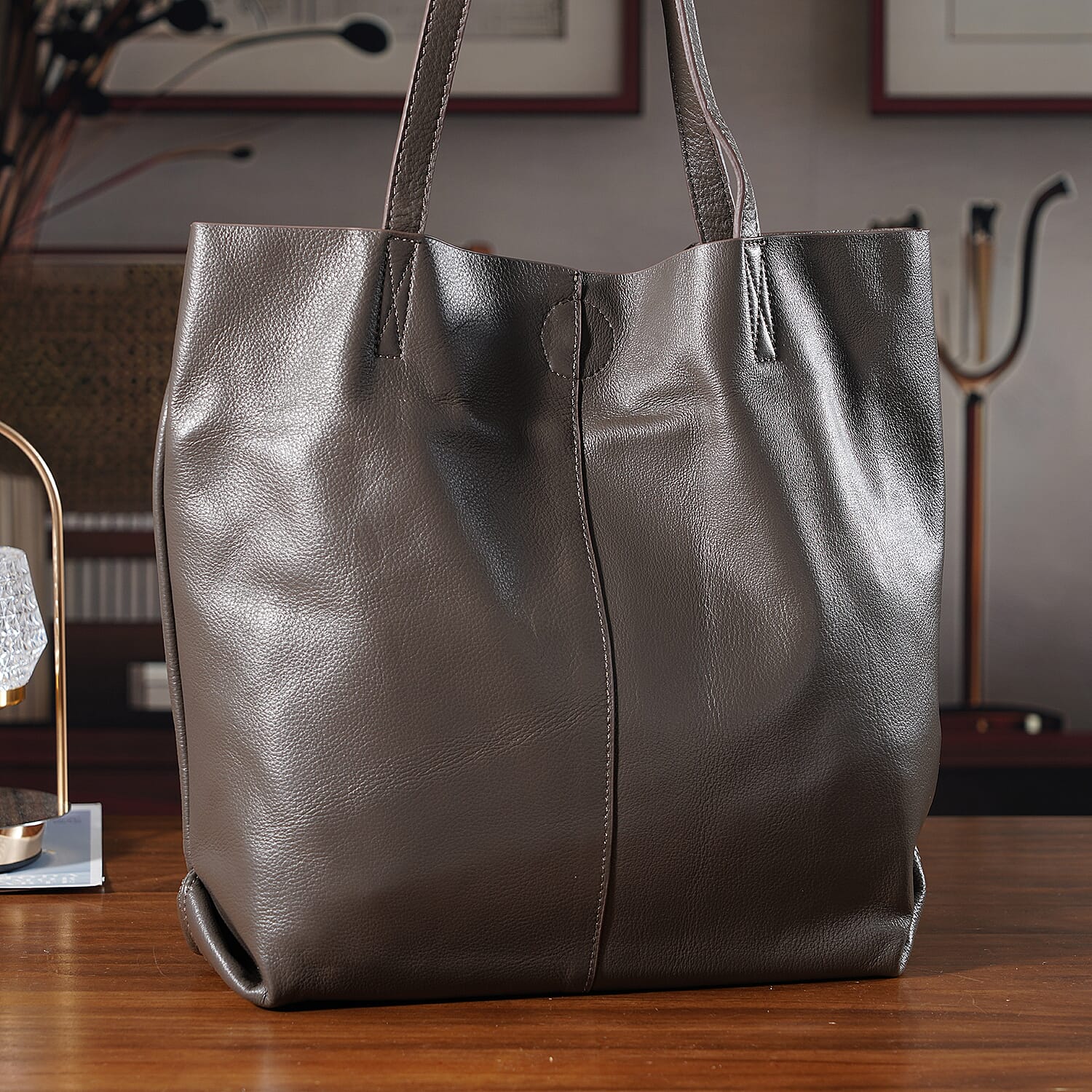 2-in-1 Genuine Leather Tote Bag - Pouch - Dark Grey