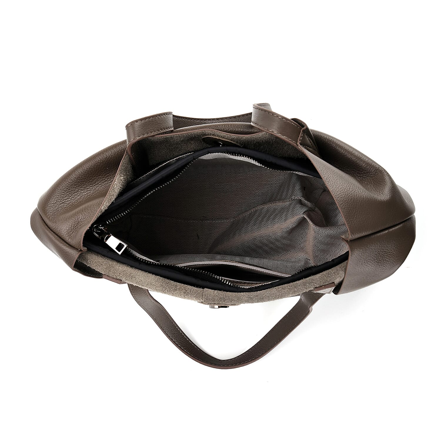 2-in-1 Genuine Leather Tote Bag - Pouch - Dark Grey