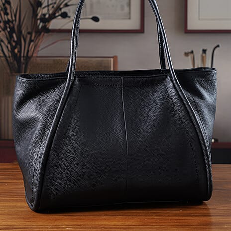 Genuine Leather Tote Bag - Black