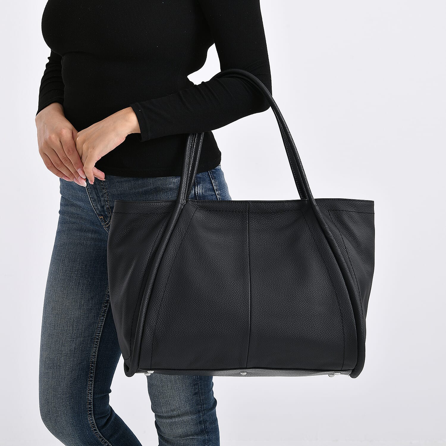 Genuine Leather Tote Bag - Black