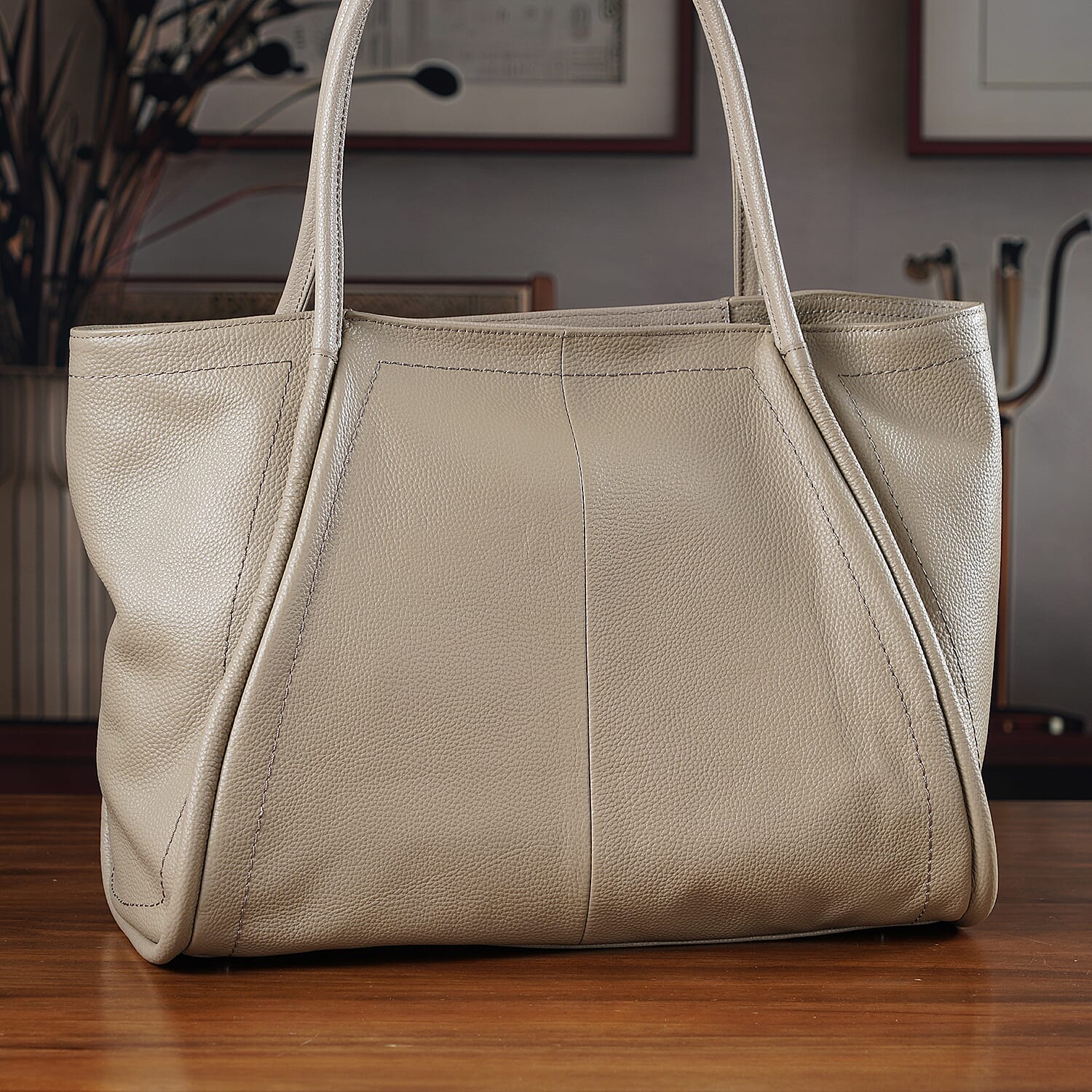 Genuine Leather Tote Bag - Beige