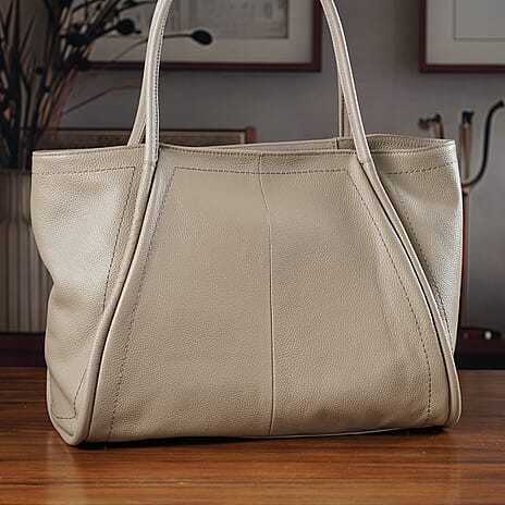 Genuine Leather Tote Bag - Beige