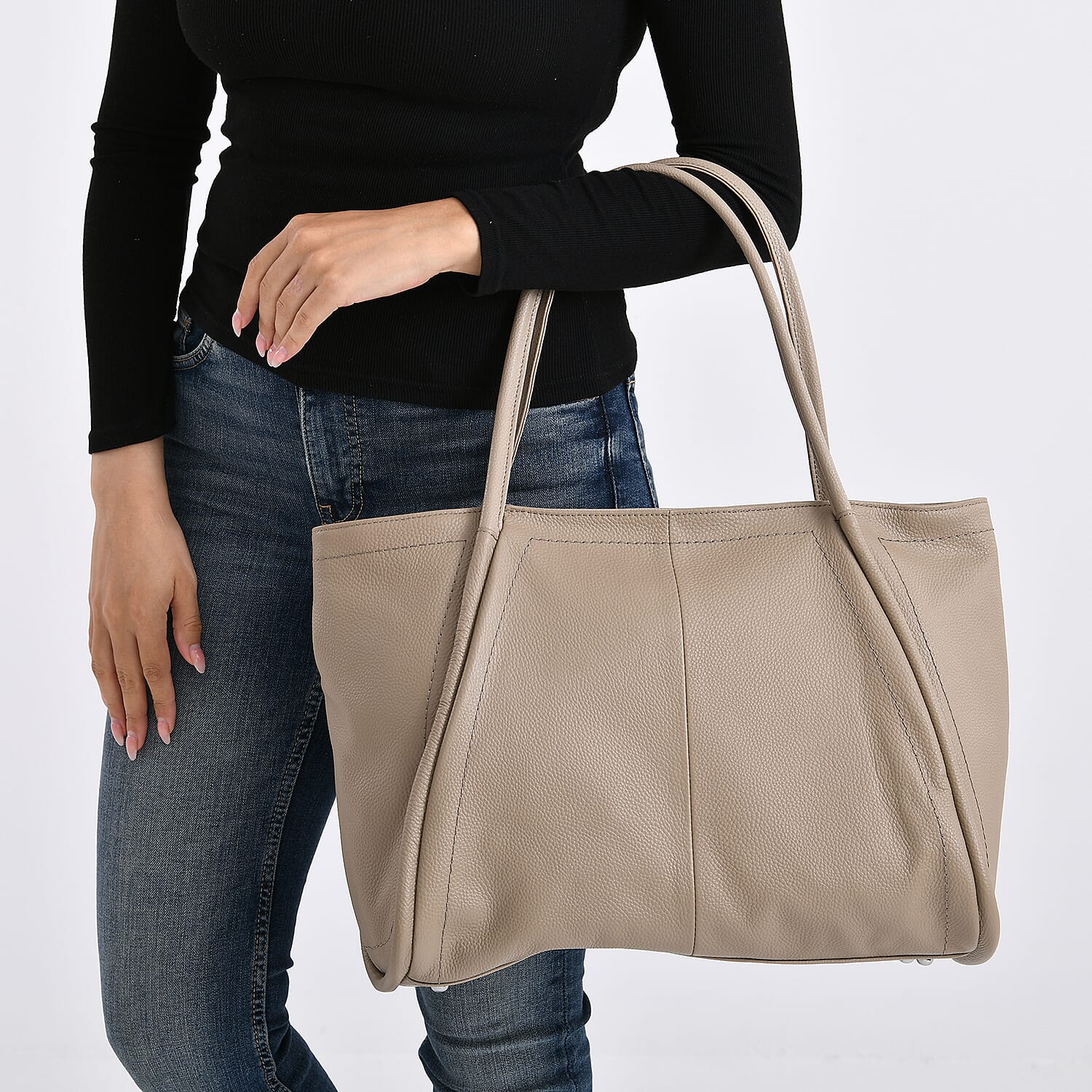 Genuine Leather Tote Bag - Beige