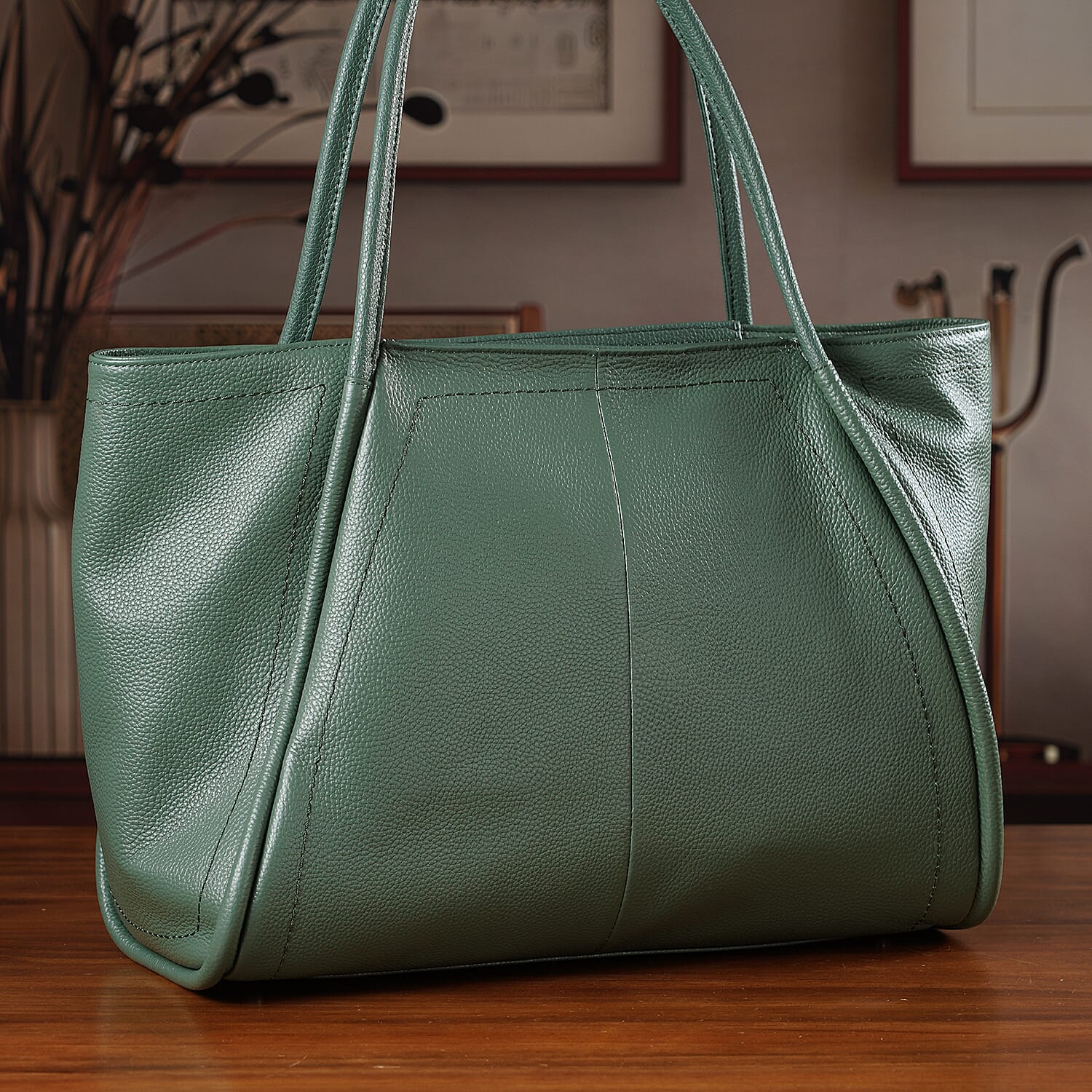 Genuine Leather Tote Bag  - Green