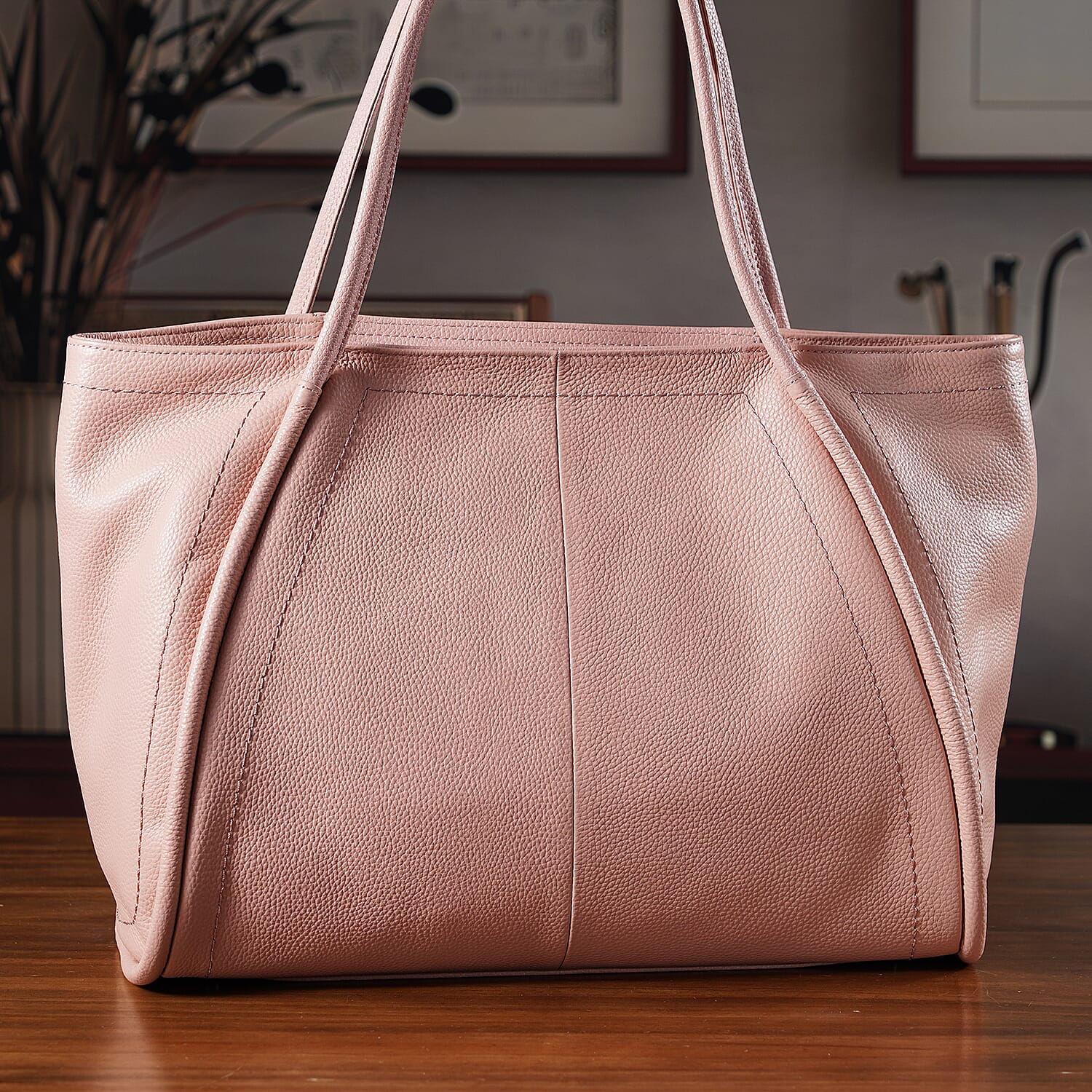 Genuine Leather Tote Bag - Pink