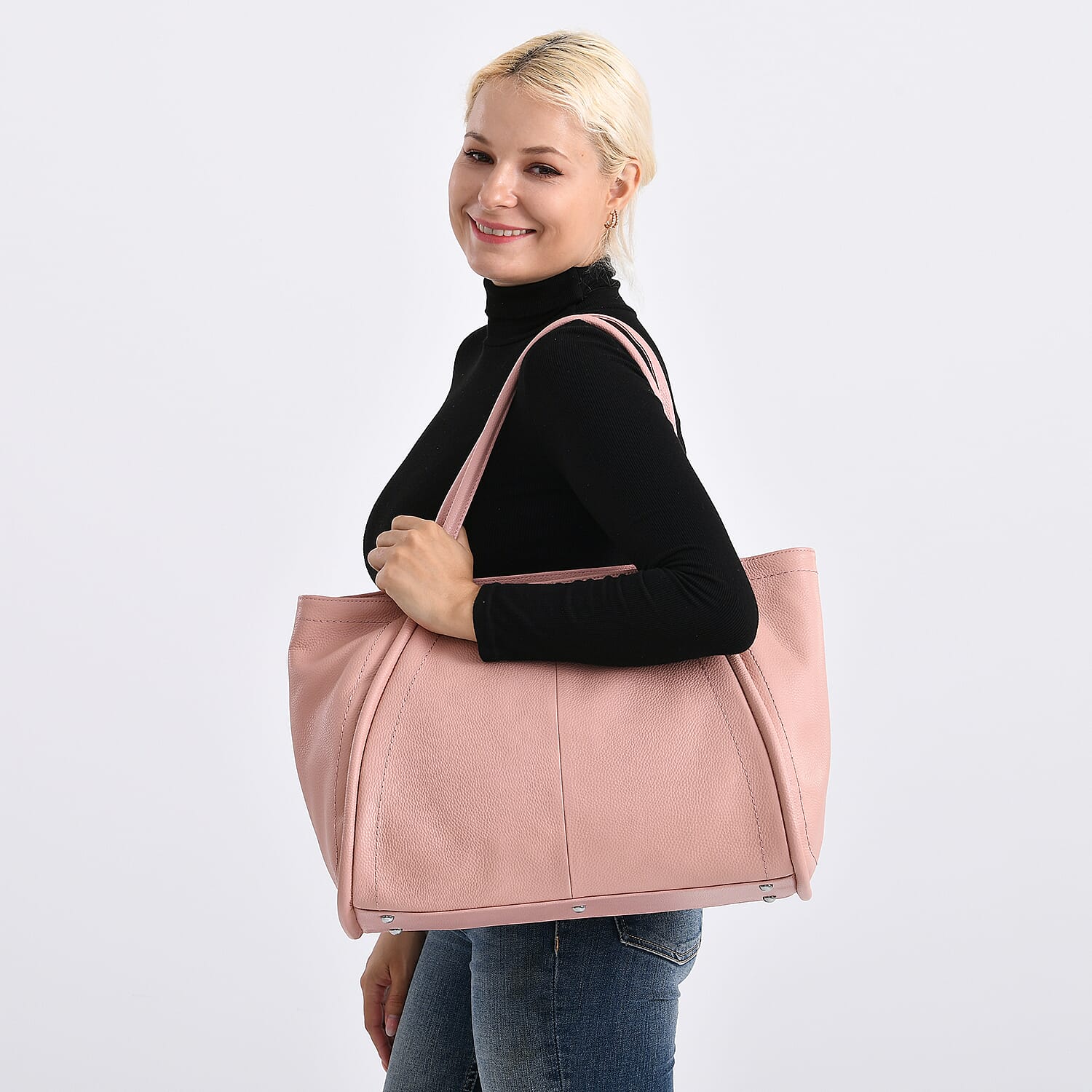Genuine Leather Tote Bag - Pink