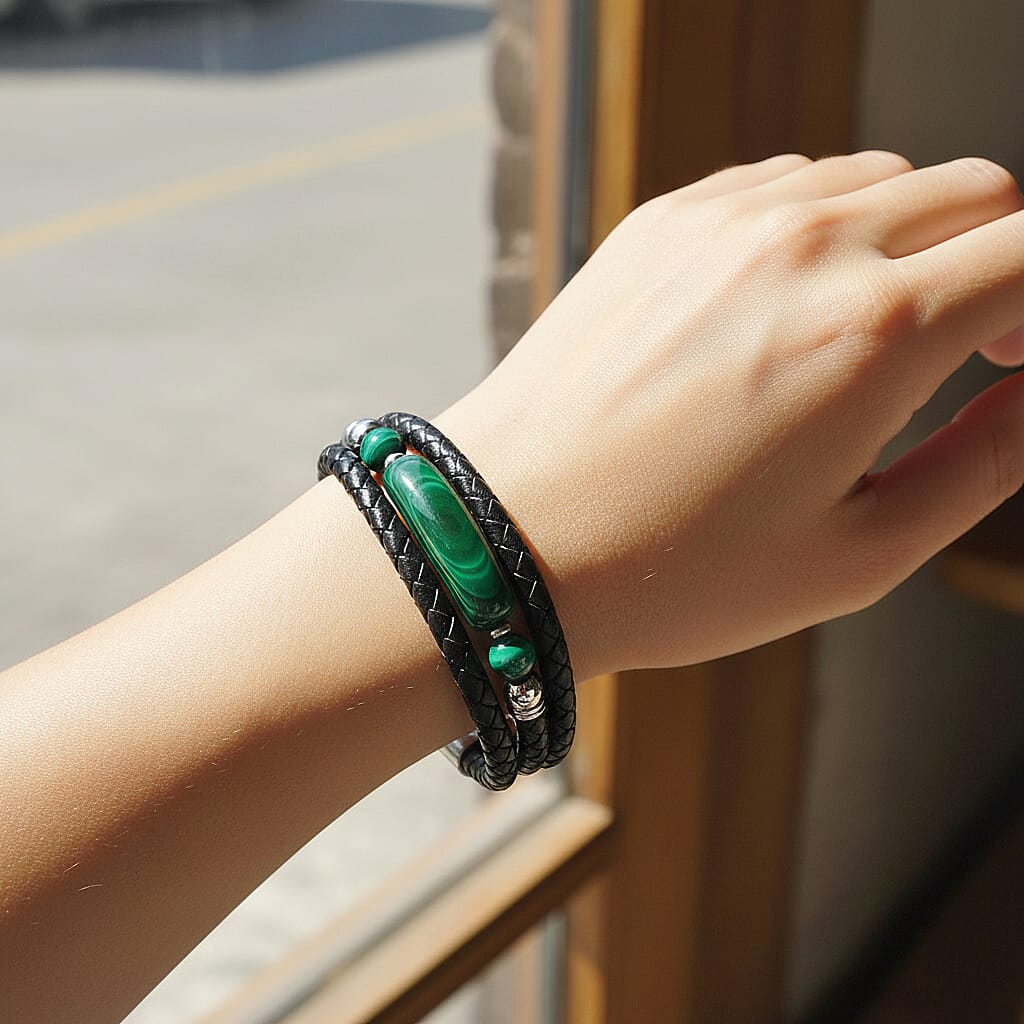 Close Out Deal- Natural Malachite Bracelet (Size 7.5) Pure Natural Leather Standard 77.00 Ct.