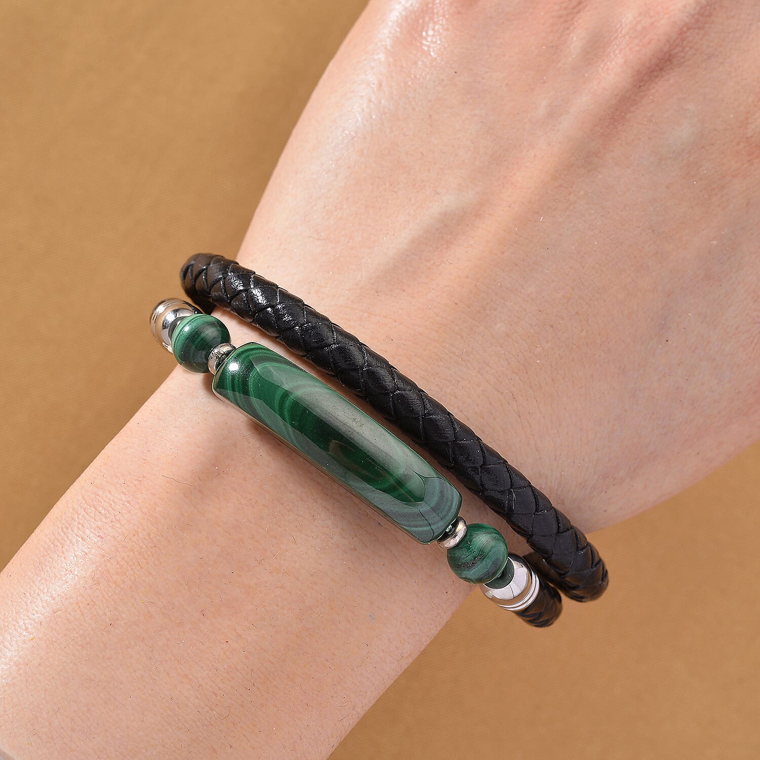 Close Out Deal- Natural Malachite Bracelet (Size 7.5) Pure Natural Leather Standard 77.00 Ct.