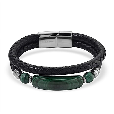 Close Out Deal- Natural Malachite Bracelet (Size 8) Pure Natural Leather Standard 77.00 Ct.