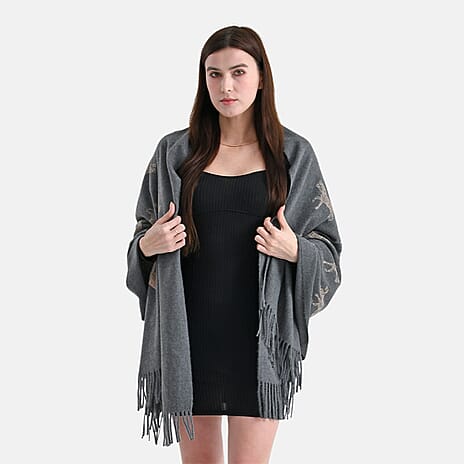 Horse Embroidery Scarf with Tassel (Size 180x70 cm) - Grey