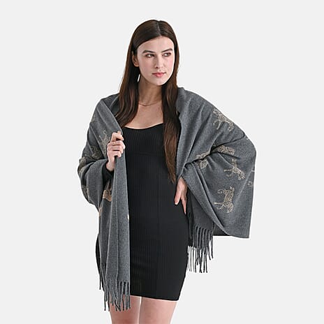 Horse Embroidery Scarf with Tassel (Size 180x70 cm) - Grey