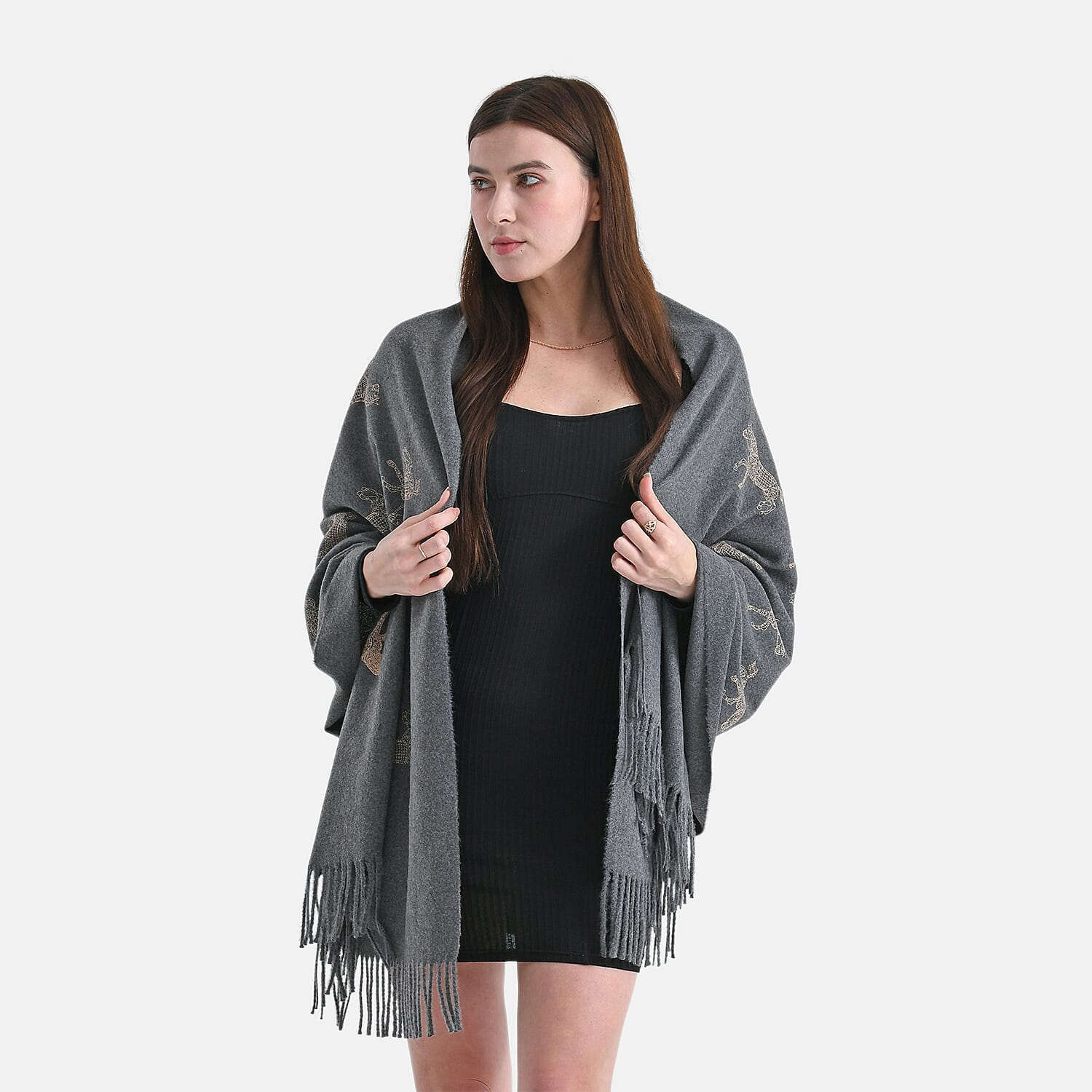 Horse Embroidery Scarf with Tassel (Size 180x70 cm) - Grey