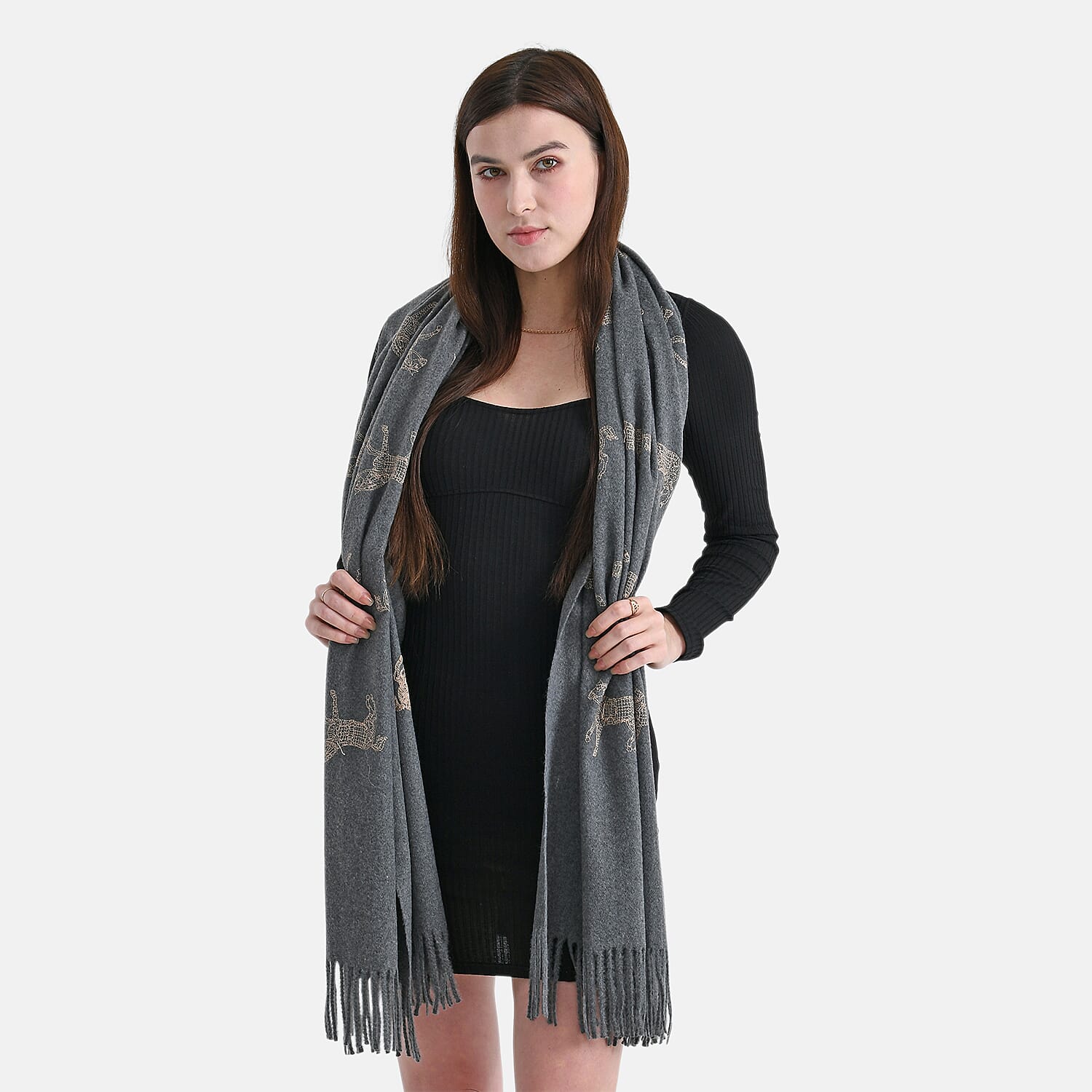 Horse Embroidery Scarf with Tassel (Size 180x70 cm) - Grey