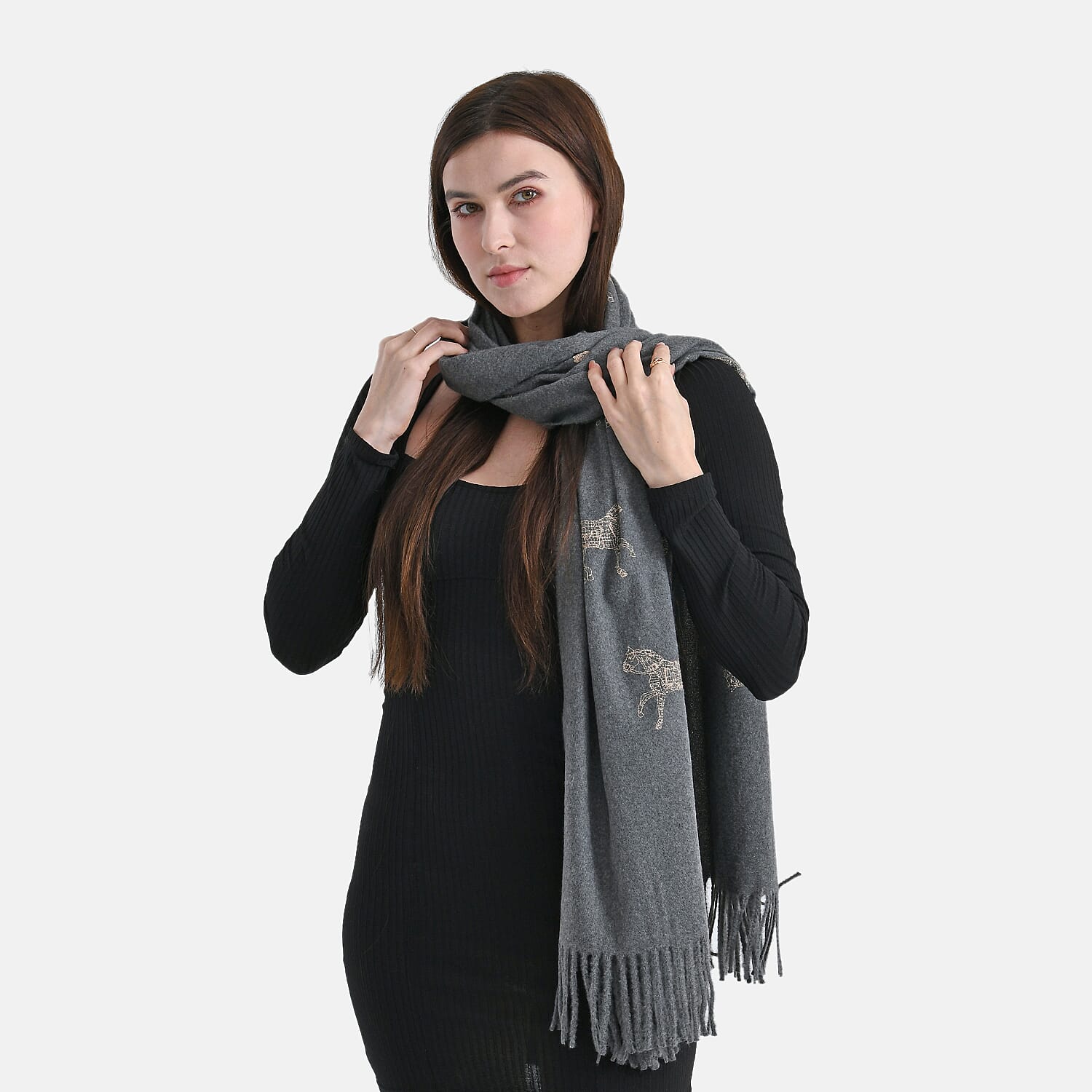 Horse Embroidery Scarf with Tassel (Size 180x70 cm) - Grey