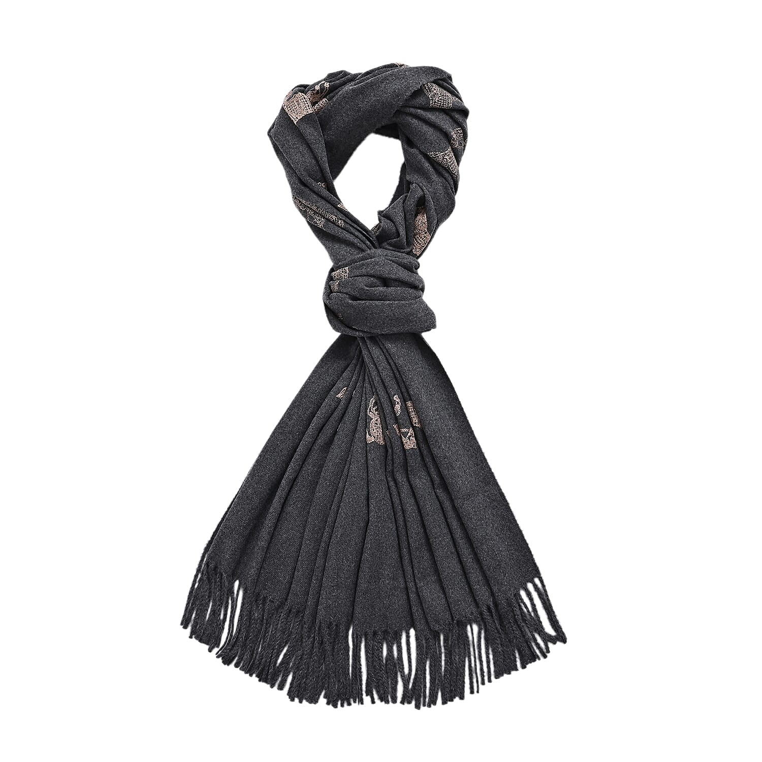 Horse Embroidery Scarf with Tassel (Size 180x70 cm) - Grey