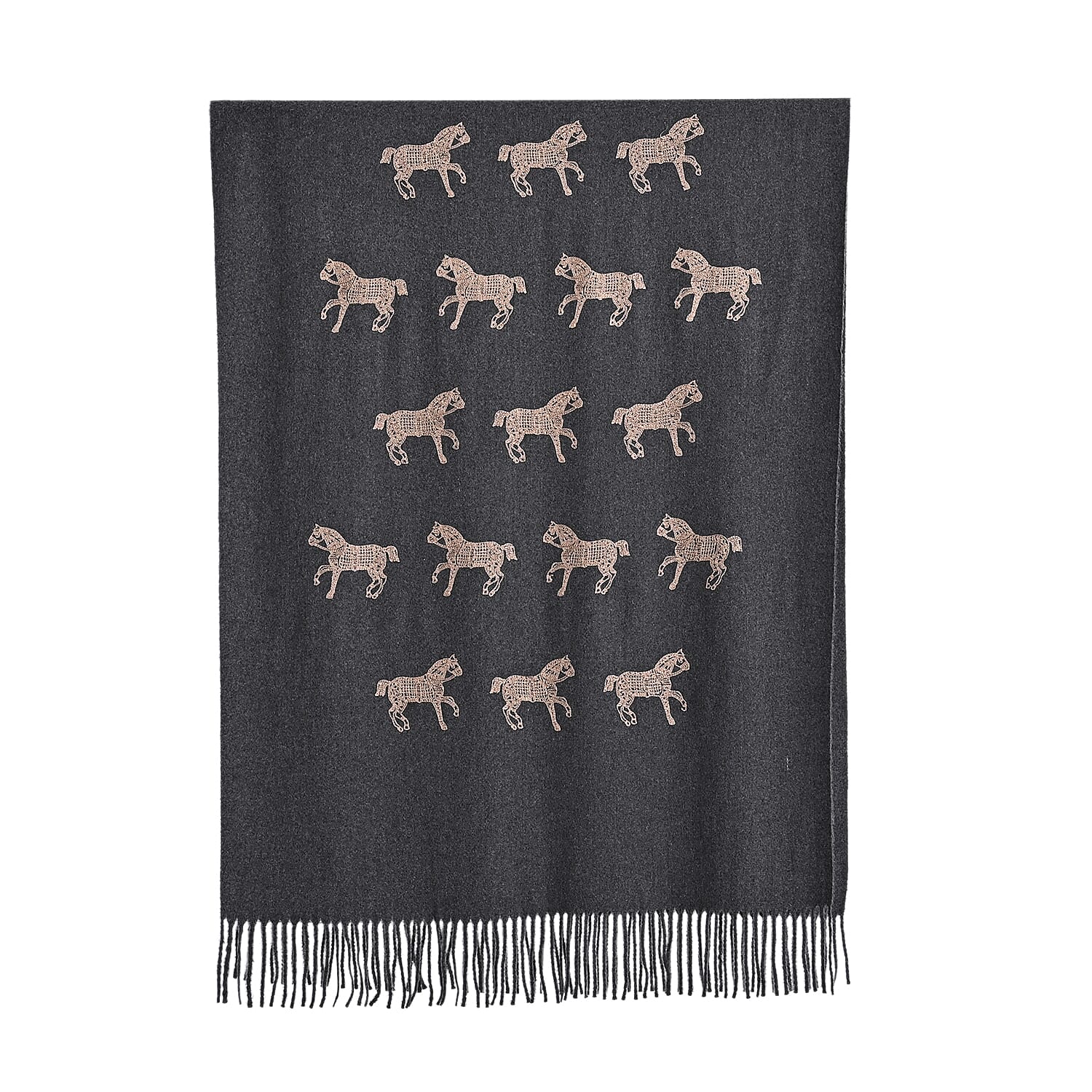 Horse Embroidery Scarf with Tassel (Size 180x70 cm) - Grey