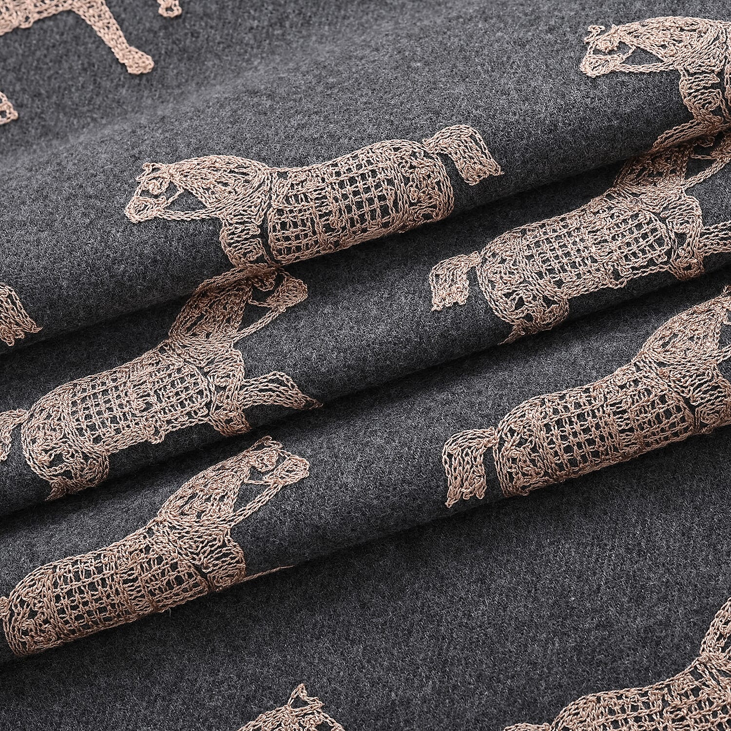 Horse Embroidery Scarf with Tassel (Size 180x70 cm) - Grey