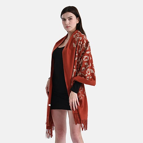 Cashew Embroidery Scarf with Tassel (Size 180x70 cm) - Dark Orange