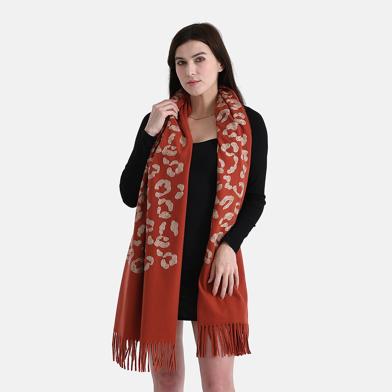 Cashew Embroidery Scarf with Tassel (Size 180x70 cm) - Dark Orange