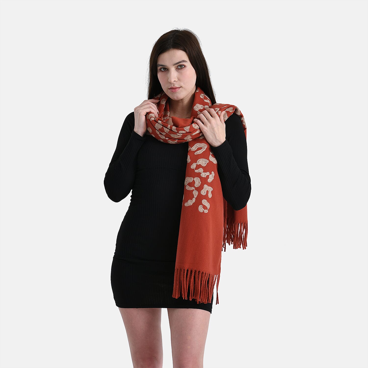 Cashew Embroidery Scarf with Tassel (Size 180x70 cm) - Dark Orange